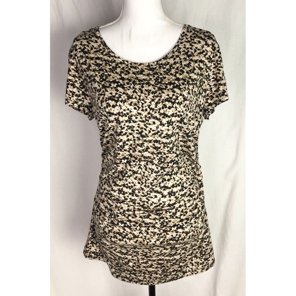Ann Taylor Camouflage Top, Size L Rayon Tencel, Sides Ruched Shirt